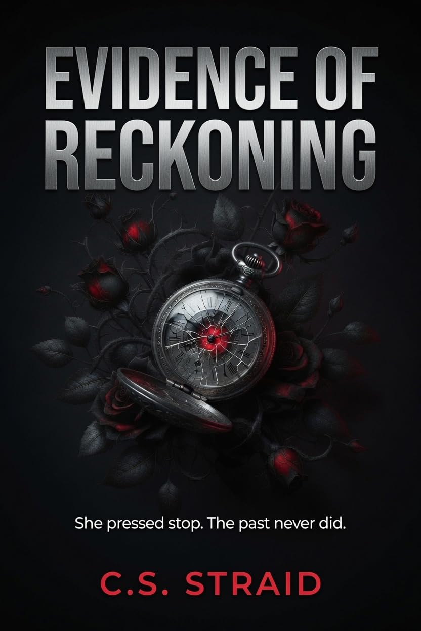 Evidence of Reckoning cover: a cracked silver pocket watch with a red centre among dark roses.